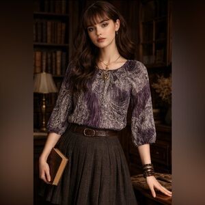 Purple & White Paisley Blouse Silver Metallic in Lining Whimsigoth Bubble Hem